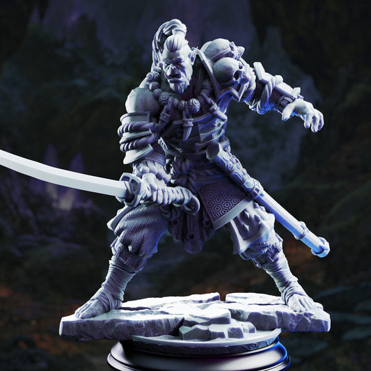 Front view of Bagrash Ilkhan orc fighter miniature holding a single-edged sword on a stone base