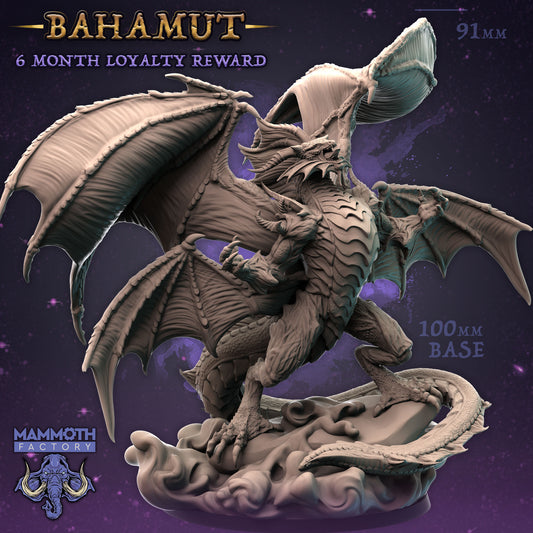 Front render view of Bahamut, a massive gargantuan resin dragon miniature with four wings perched on a 100mm celestial cloud base.