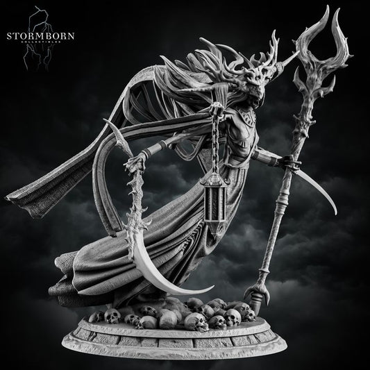 Three-quarter angle showing the floating cape, staff head, and skull base of the Banshee Queen by Stormborn Collectibles.