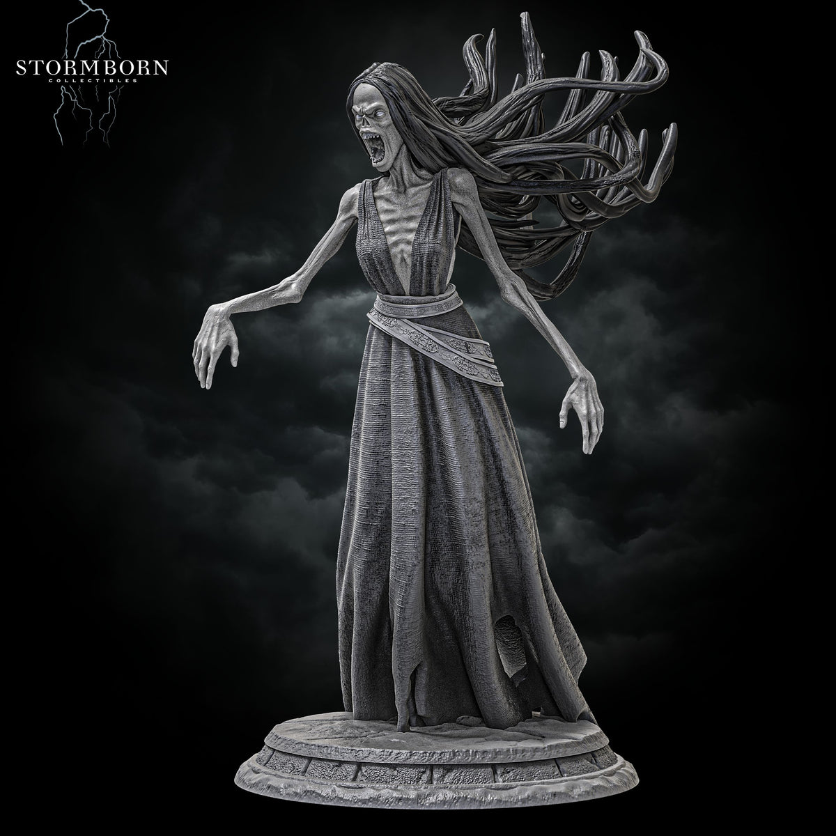 Full body front view of the Banshee standing on a round stone base by Stormborn Collectibles.
