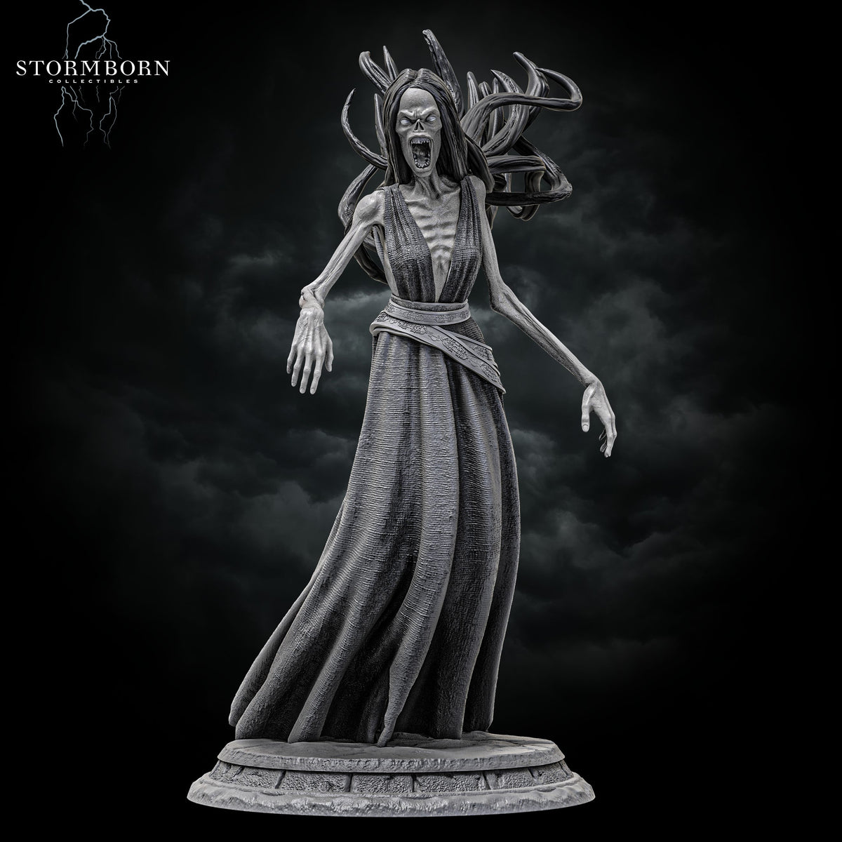 Hero front view of the screaming Banshee resin miniature with wild floating hair by Stormborn Collectibles.