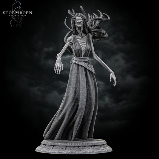Hero front view of the screaming Banshee resin miniature with wild floating hair by Stormborn Collectibles.