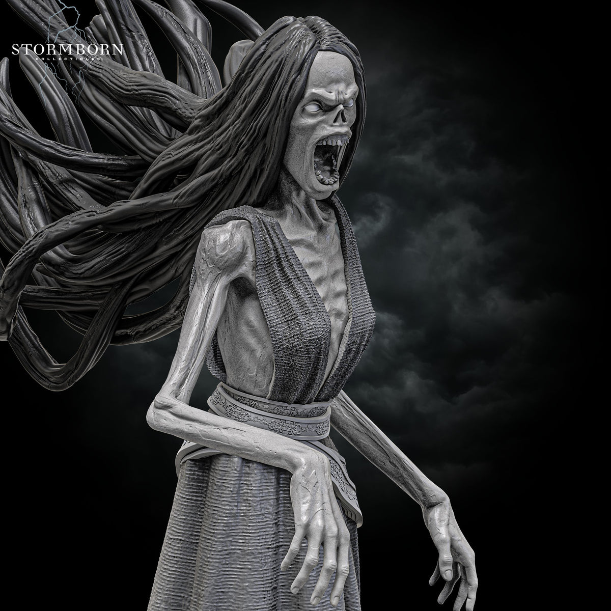 Close-up portrait of the Banshee miniature showing its wailing scream and spectral hair by Stormborn Collectibles.