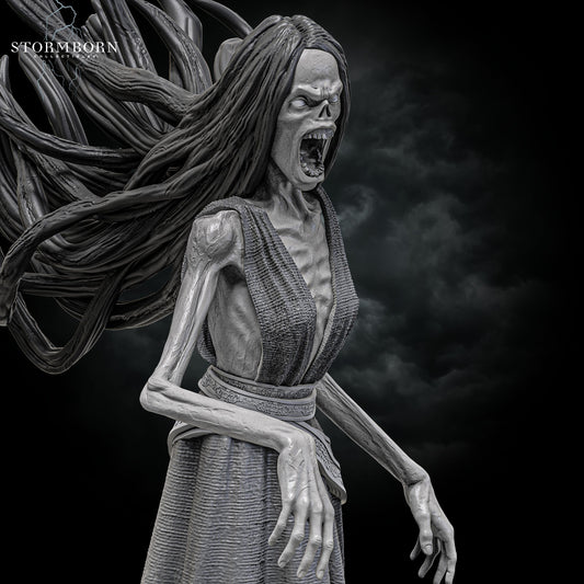 Close-up portrait of the Banshee miniature showing its wailing scream and spectral hair by Stormborn Collectibles.