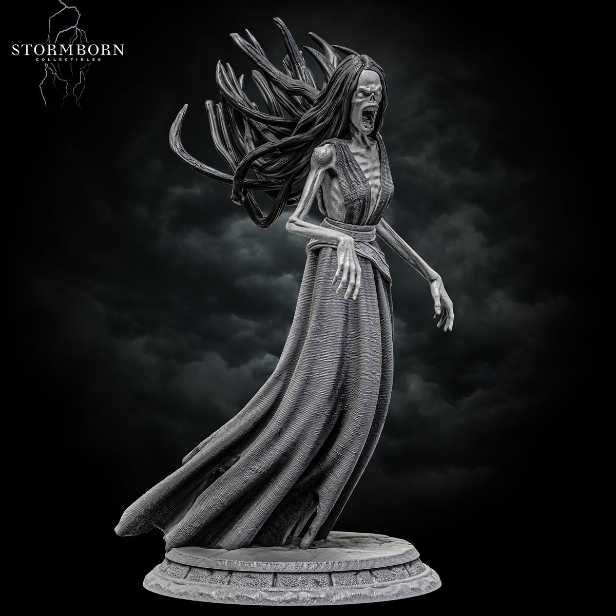 Three-quarter side angle showing the reaching arms and back flowing hair of the Banshee by Stormborn Collectibles.