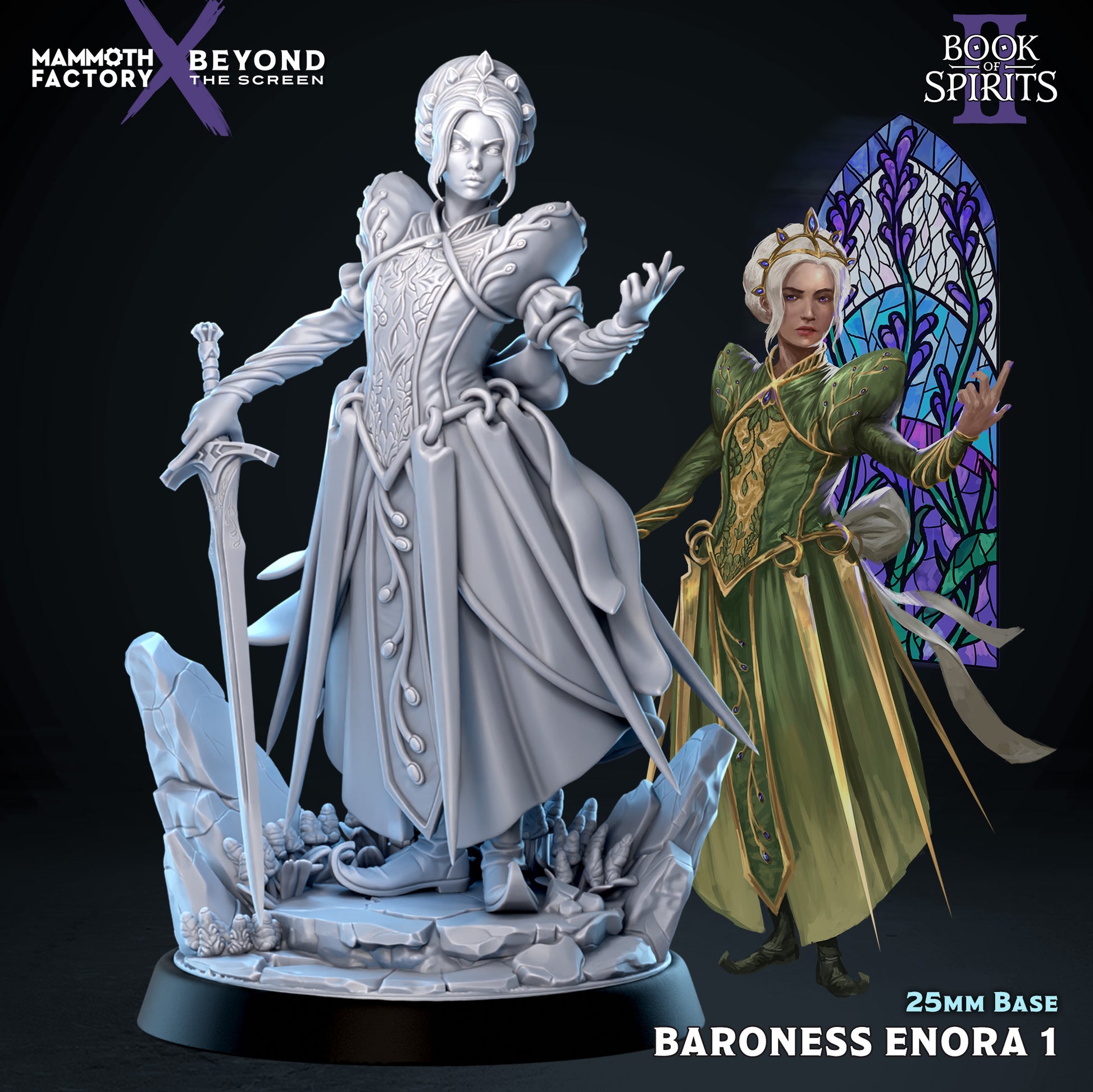 Baroness Enora 32mm scale resin miniature by Mammoth Factory in Pose 1 resting her hand on a large sword embedded in a rocky scenic base.