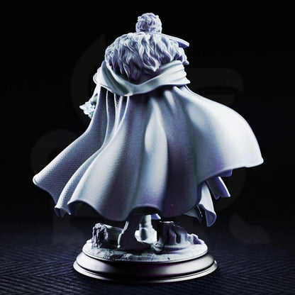 Rear view of Bartholomew showing flowing cape, fur mantle collar, and textured coat