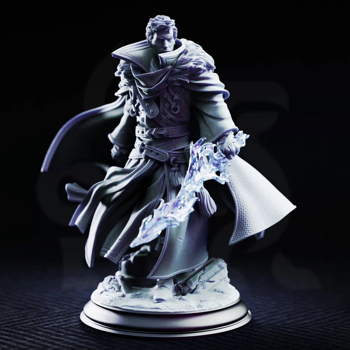 Front view of Bartholomew human sorcerer featuring high-collared robe and magic sword