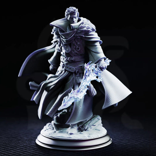 Front view of Bartholomew human sorcerer featuring high-collared robe and magic sword