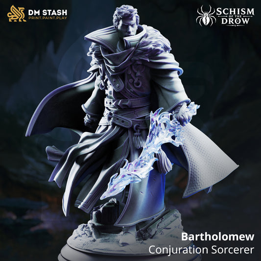 Bartholomew human conjuration sorcerer resin miniature holding a spell-imbued sword on a stone base