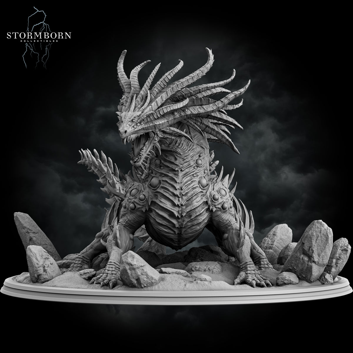Frontal view showing the six-legged stance and crown of horns on the Basilisk King miniature by Stormborn Collectibles.