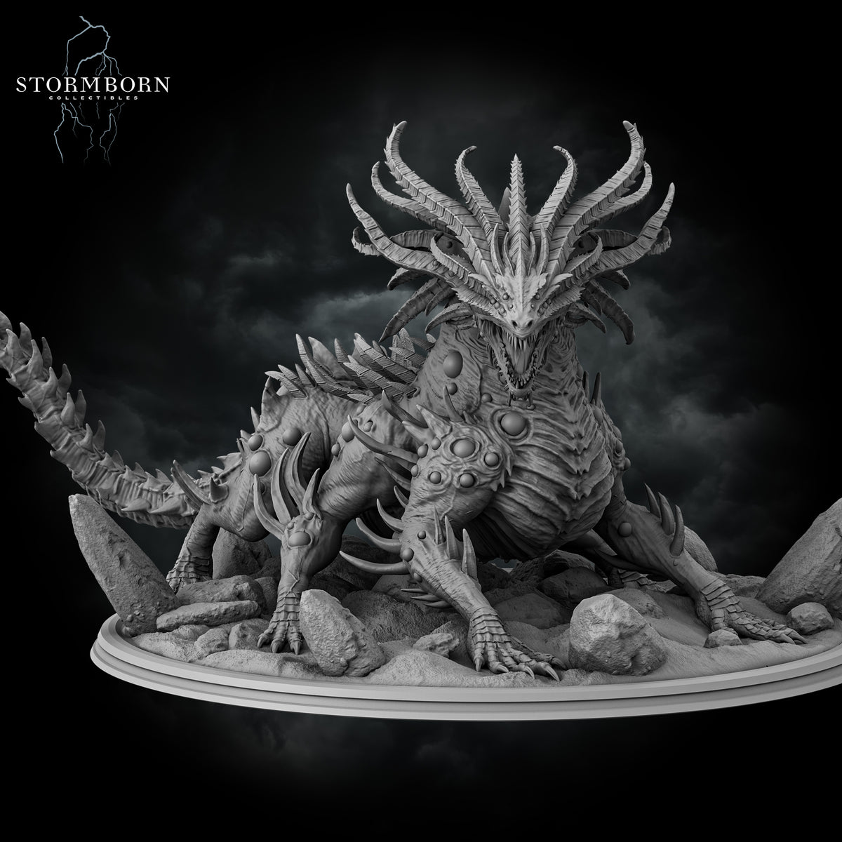 Hero perspective of the Gargantuan Basilisk King resin miniature with swept-back horns by Stormborn Collectibles.