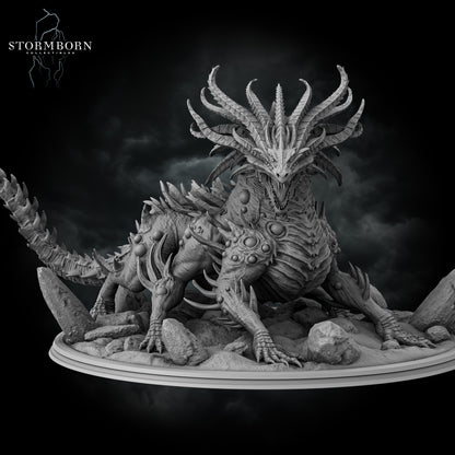 Hero perspective of the Gargantuan Basilisk King resin miniature with swept-back horns by Stormborn Collectibles.