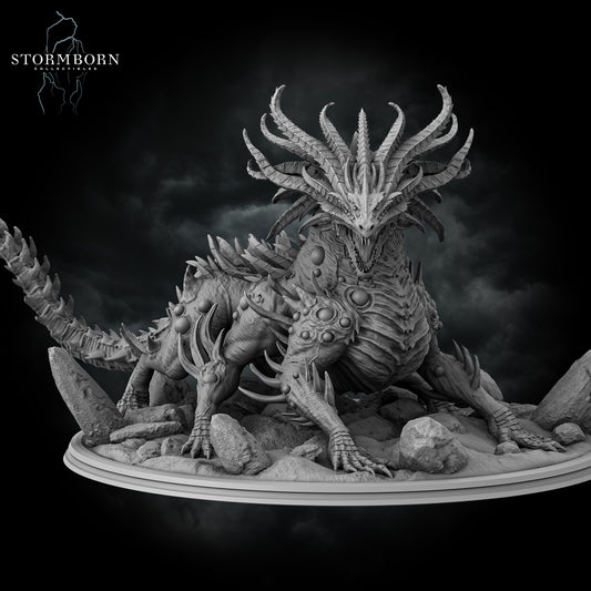 Hero perspective of the Gargantuan Basilisk King resin miniature with swept-back horns by Stormborn Collectibles.