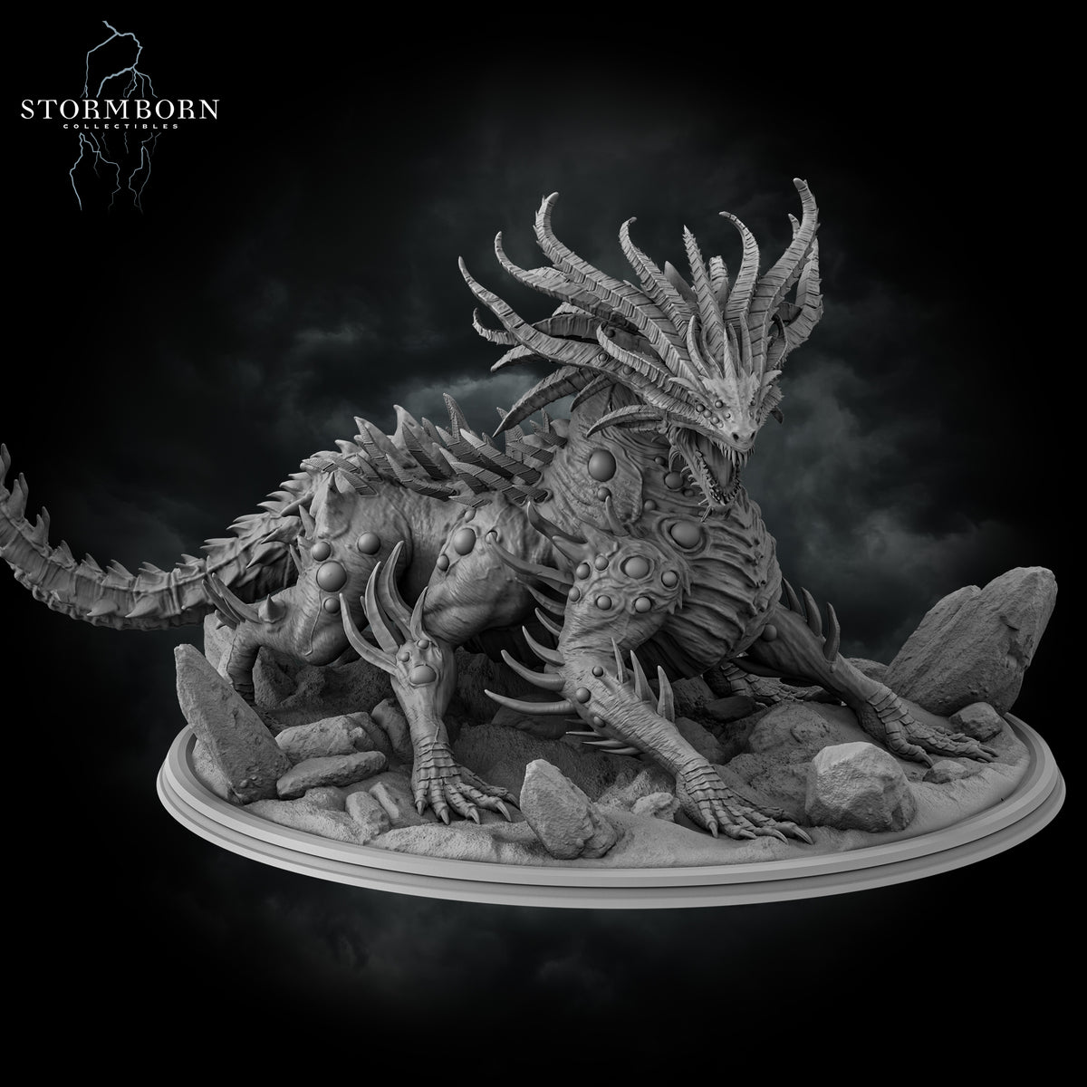 Low angle shot looking up at the Gargantuan Basilisk King resin figure by Stormborn Collectibles.