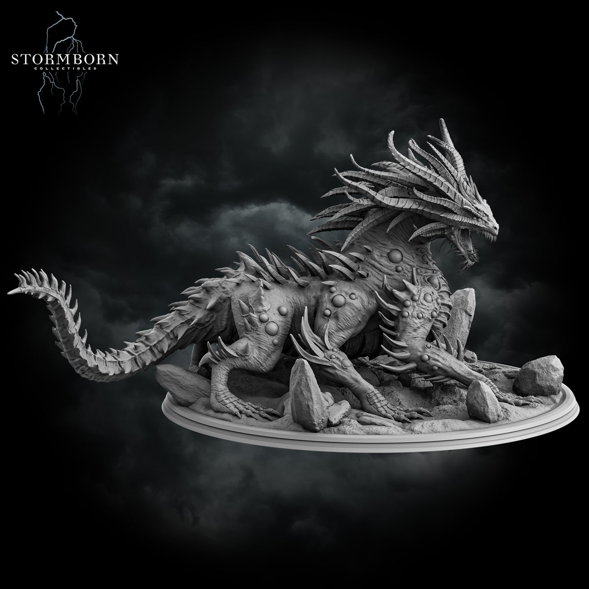 Side profile of the Basilisk King showing scaled back pustules and long tail by Stormborn Collectibles.