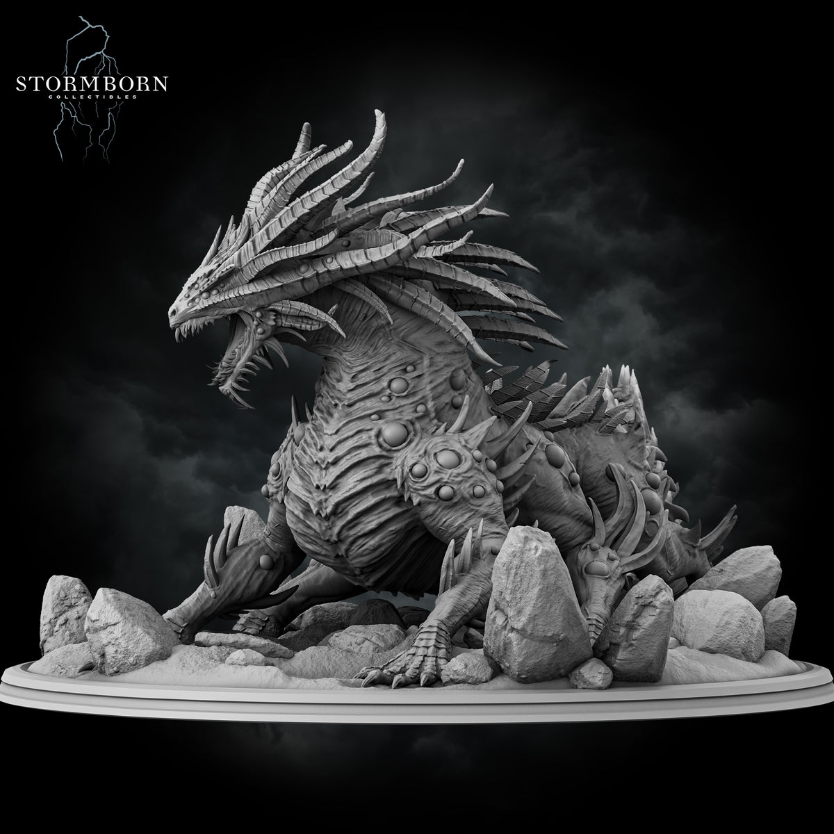 Three-quarter angle of the Basilisk King miniature on a 140mm rocky base by Stormborn Collectibles.