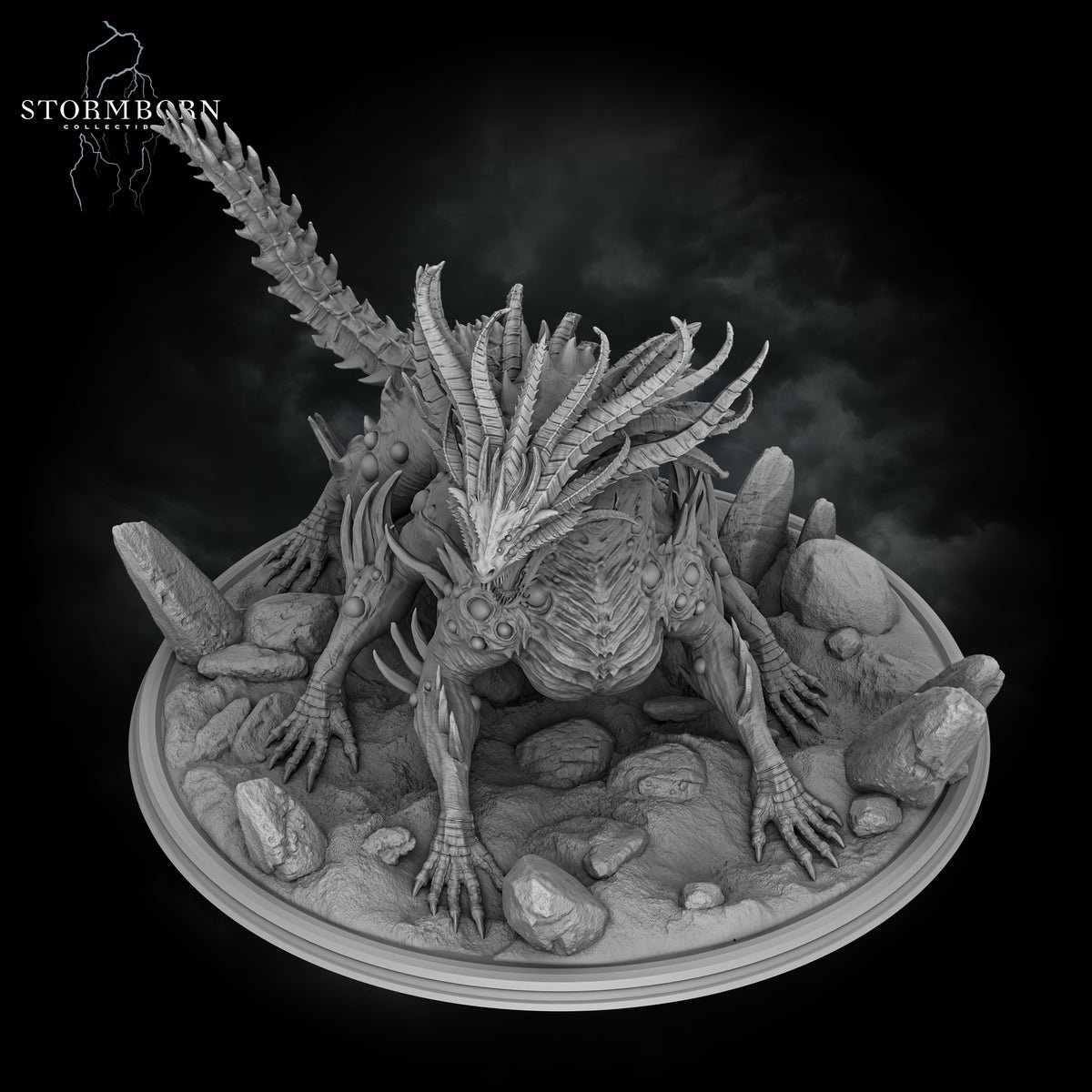 Top-down overhead view of the Basilisk King miniature on its 140mm scenic base by Stormborn Collectibles.