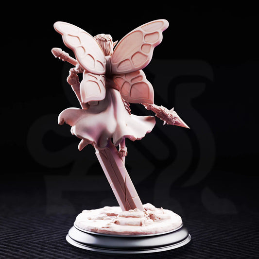 Rear render view of the Battle Bell Fairy Knight miniature showcasing the four-part butterfly wing structure and sheath.