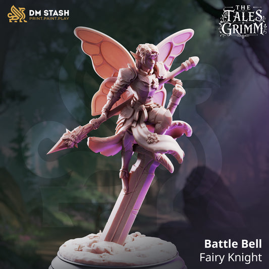Main promo render view of the Battle Bell Fairy Knight miniature by DM Stash posed on a stone pillar with butterfly wings spread.