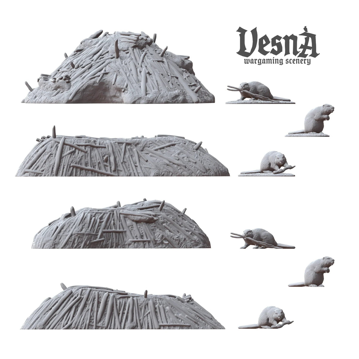 Digital component breakdown display of all 10 pieces included in the Beaver Pack by Vesna Sculpts.