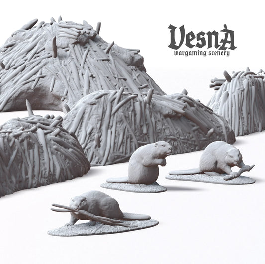 3D digital render group shot of the Beaver Pack by Vesna Sculpts showing detailed beaver models carrying branches near wood dams.