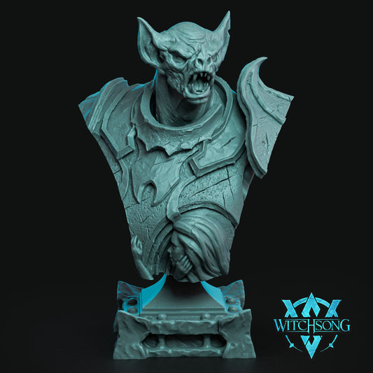 Beledrin's Anguish display bust showing the vampiric face, armored torso, bat-like wings, and engraved greatsword details.