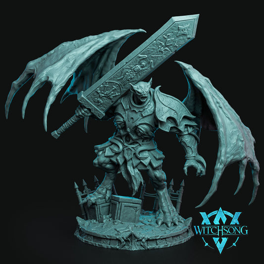 Beledrin's Anguish vampiric undead warrior with bat-like wings, half plate armor, and an enormous engraved greatsword.