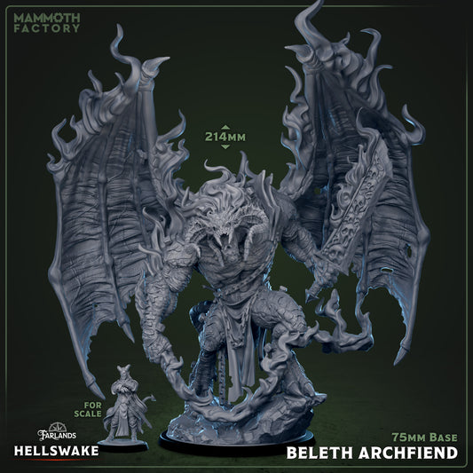 Unpainted grey resin 3D render of the massive Beleth Archfiend, featuring colossal wings, a skull-etched sword, and a 75mm scenic base next to a standard human miniature for scale.