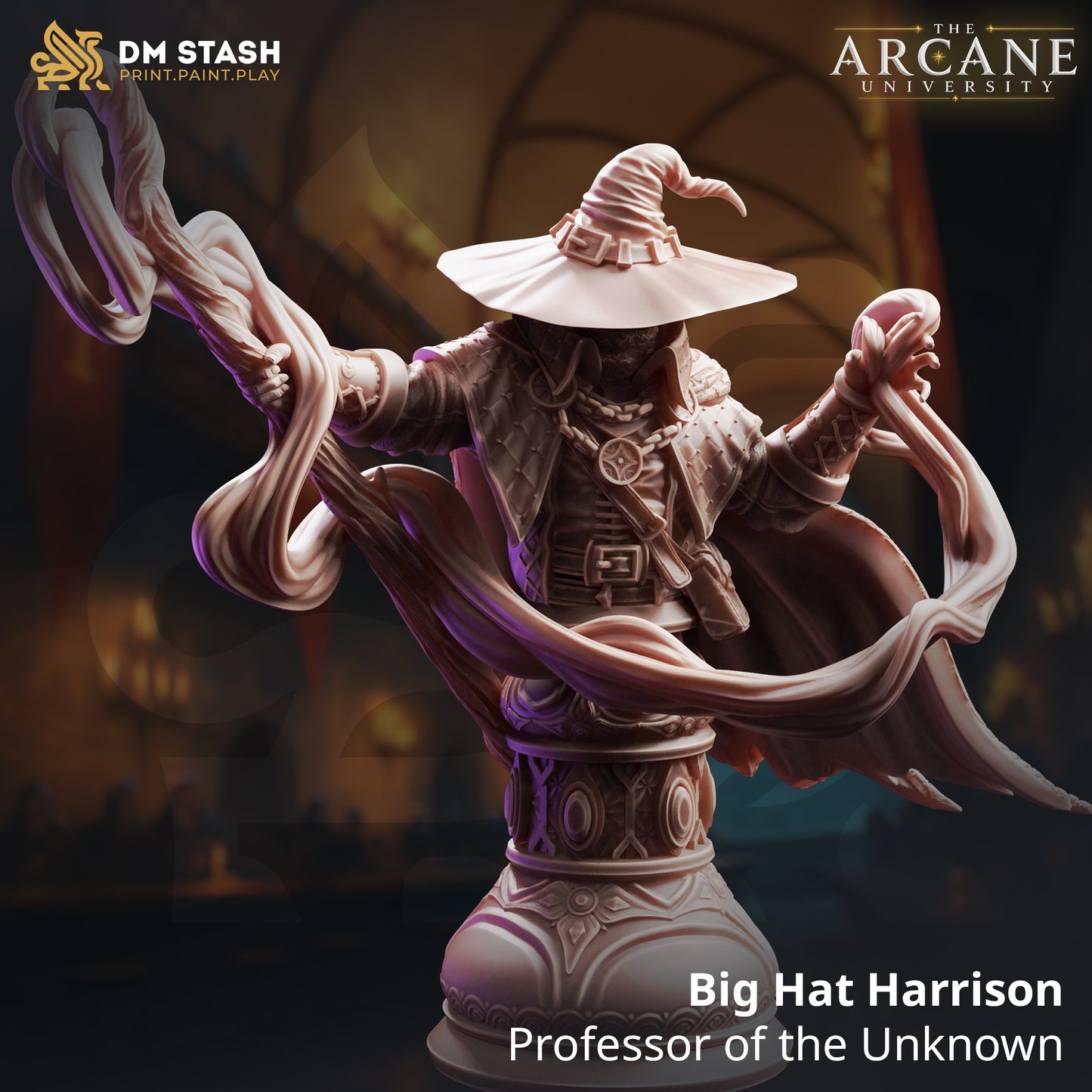 Big Hat Harrison Professor of the Unknown 3D printed resin display bust by DM Stash, featuring the wizard's torso, spell effect, and iconic wide-brimmed hat on an ornate plinth.