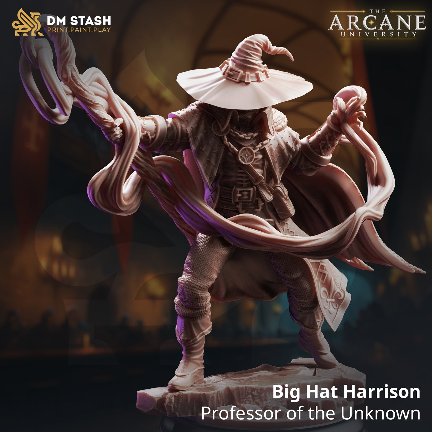 Big Hat Harrison Professor of the Unknown 3D printed resin miniature by DM Stash, featuring a full-body wizard in a wide-brimmed hat casting raw magic on a rocky base.