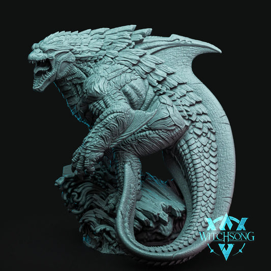 3D render of the Bioluminescent Amphibian resin miniature, a massive reptilian kaiju standing on crashing waves on an 80mm base.
