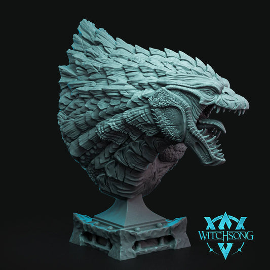 Rendering of the Bioluminescent Amphibian 100mm resin display bust on a decorative stone pedestal base.