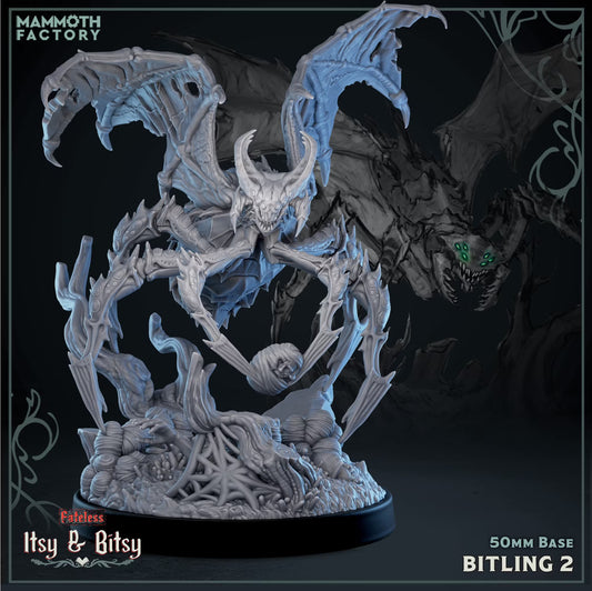 Bitling Large Dragon swooping forward with spread wings, horned head, multiple legs, and twisted forest terrain below.