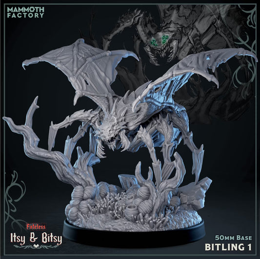 Bitling Large Dragon facing forward with ragged wings spread wide, multiple armored legs, and a detailed forest base.