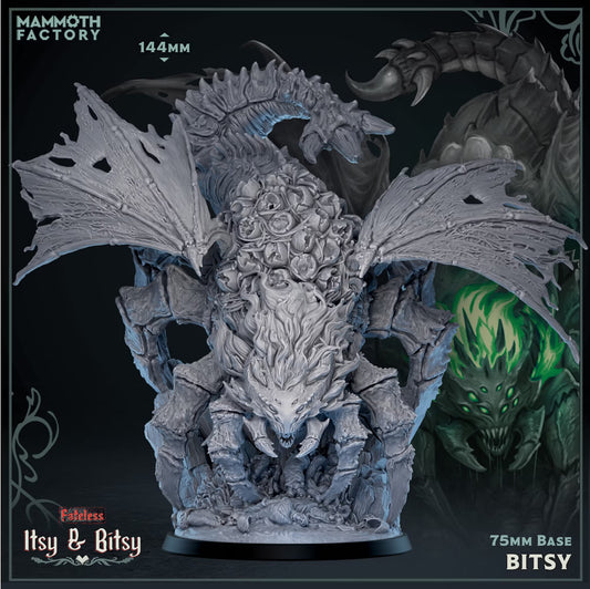 Bitsy the Spider-Dragon Huge Dragon miniature with massive tattered wings, multiple spider legs, horned head, and detailed 75mm base.