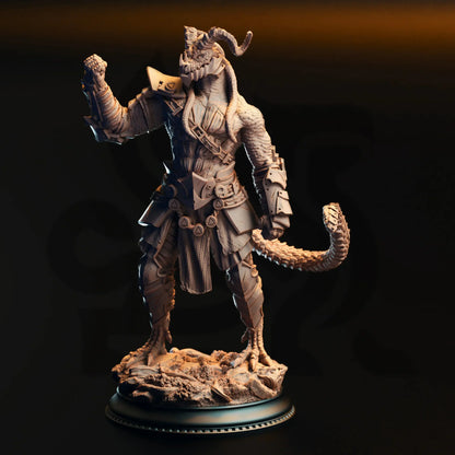 Render of Black Dragonborn Fighter resin miniature with weapon, armor, tail, and display base