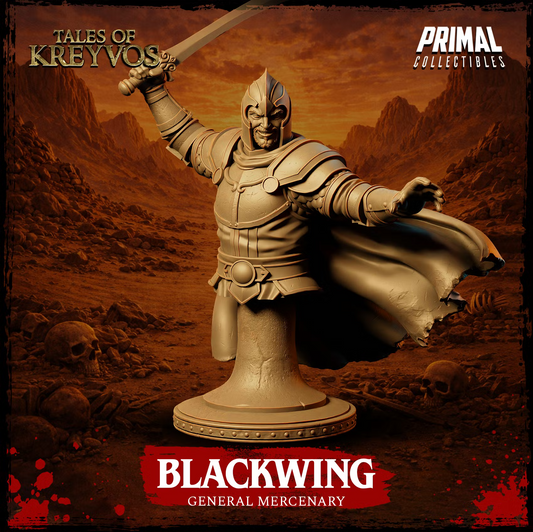 Blackwing display bust showing his helmet, armored torso, raised sword, extended arm, and flowing cloak.