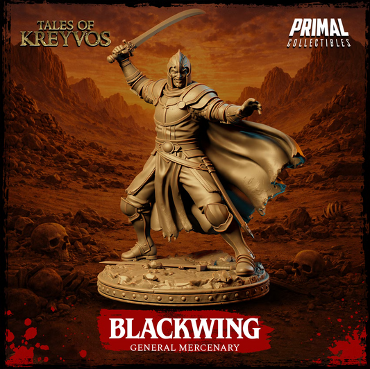 Blackwing Human Fighter standing in armor with his sword raised and a flowing cloak behind him.