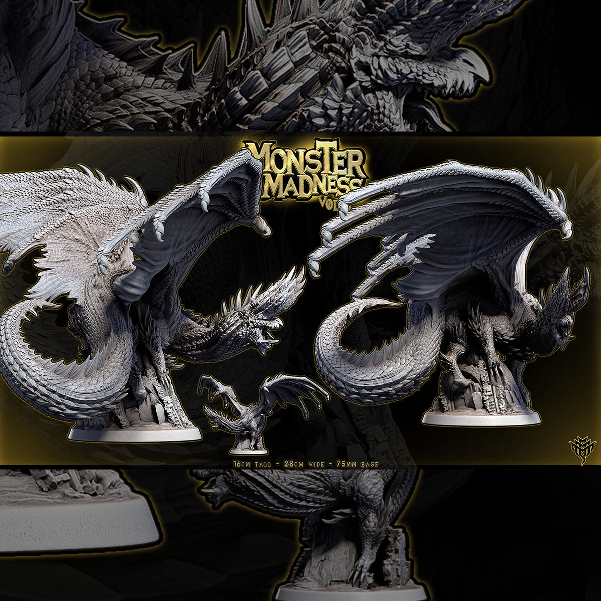 Side render of Pose 2 Blazing Black Dragon crouched on a scenic 75mm base with curved tail and raised wings