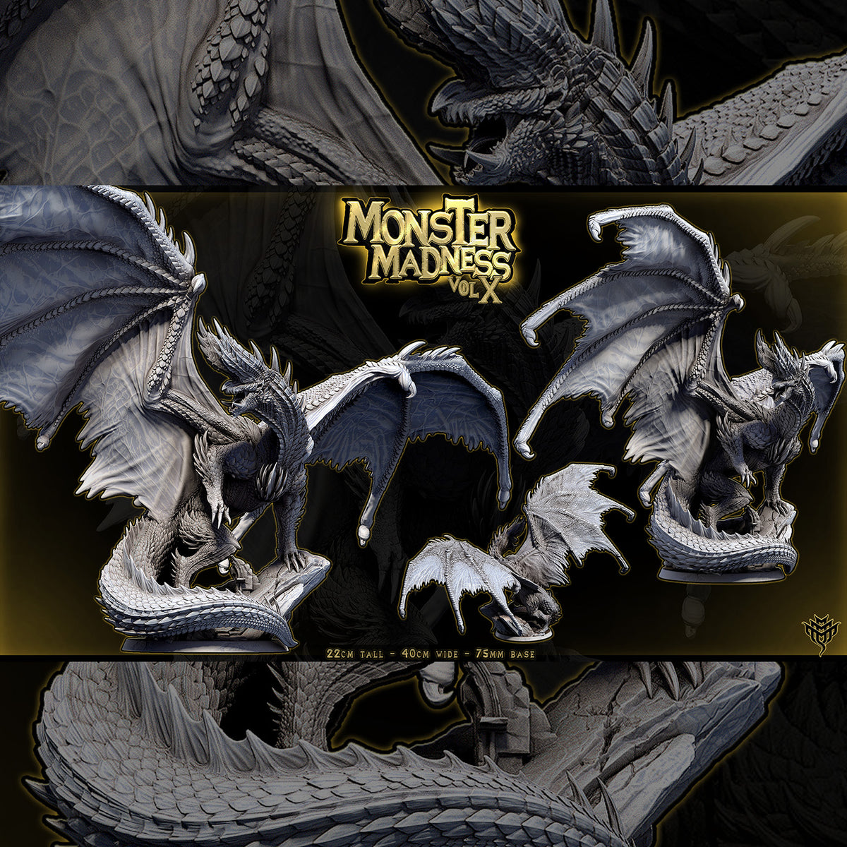 Front view render of Pose 1 Blazing Black Dragon resin miniature standing on a 75mm rock base with wings spread wide