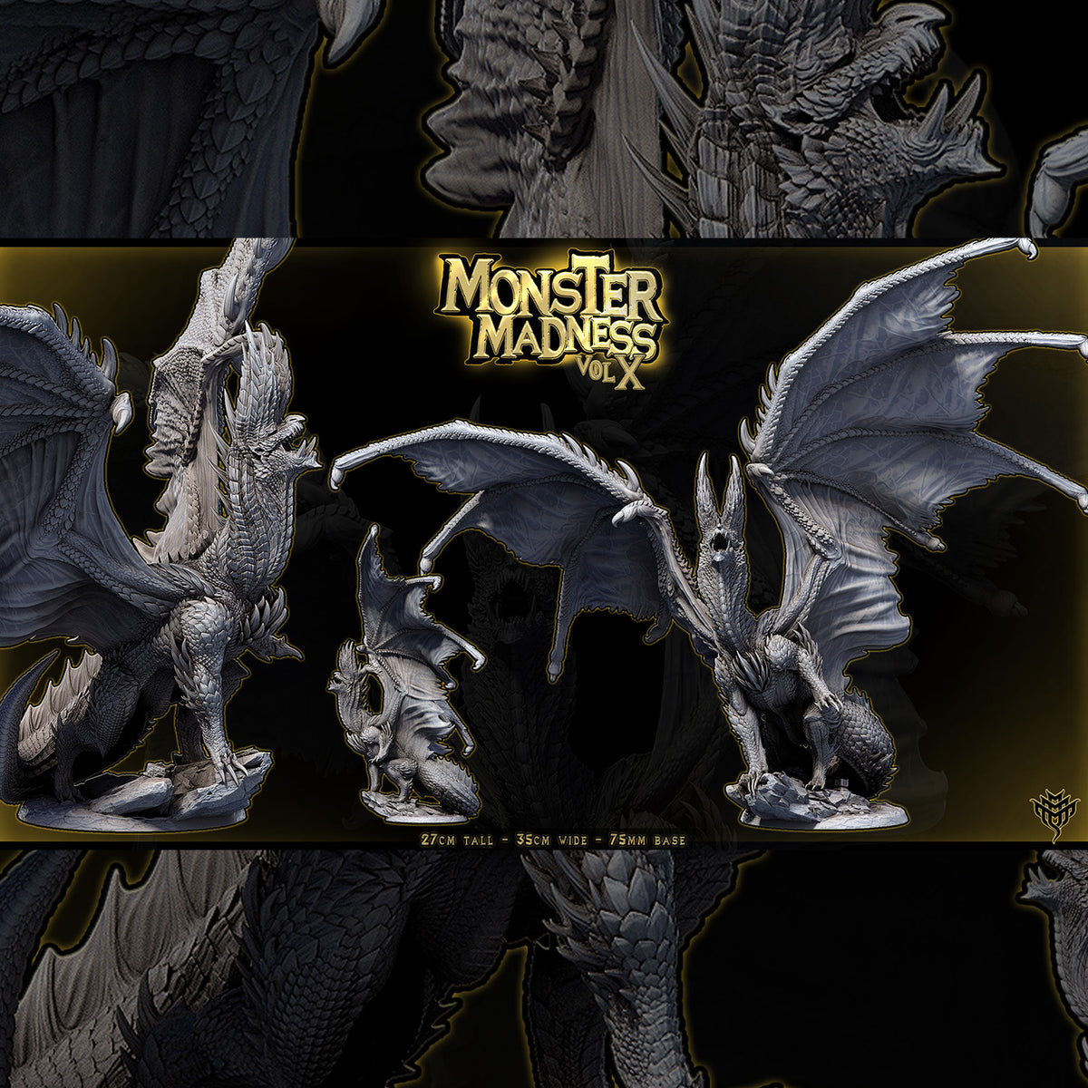 Render of Pose 3 Blazing Black Dragon standing upright and roaring with fully extended wings on a 75mm base