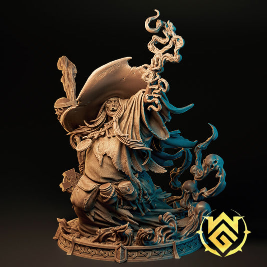 Blight Crone Human Wizard miniature with oversized hat, ragged robes, arcane staff, bones, and swirling magical effects.