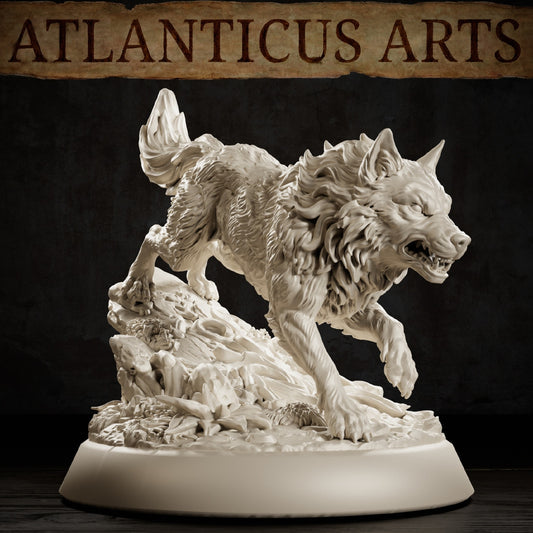 Blink Dog fey hound miniature charging forward with raised front paw, open jaws, pointed ears, layered fur, and rocky scenic base.