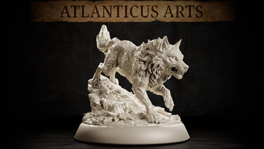 Full-body Blink Dog fantasy hound miniature with snarling face, thick sculpted fur, raised forepaw, curled tail, and textured wilderness base.
