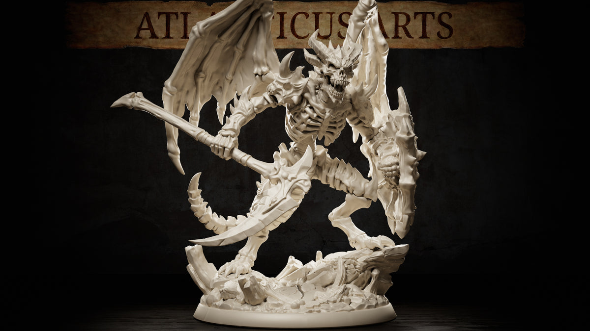 Armed Bone Devil miniature carrying a bone polearm and sculpted shield with skeletal wings, hooked tail, and clawed feet on a rocky 50mm base.