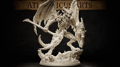 Armed Bone Devil miniature carrying a bone polearm and sculpted shield with skeletal wings, hooked tail, and clawed feet on a rocky 50mm base.