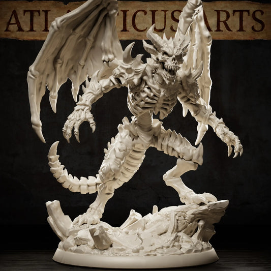 Unarmed Bone Devil miniature with spread skeletal wings, hooked claws, segmented tail, horned skull, and one foot raised over a rocky 50mm base.
