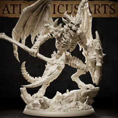 Armed Bone Devil miniature carrying a bone polearm and sculpted shield with skeletal wings, hooked tail, and clawed feet on a rocky 50mm base.