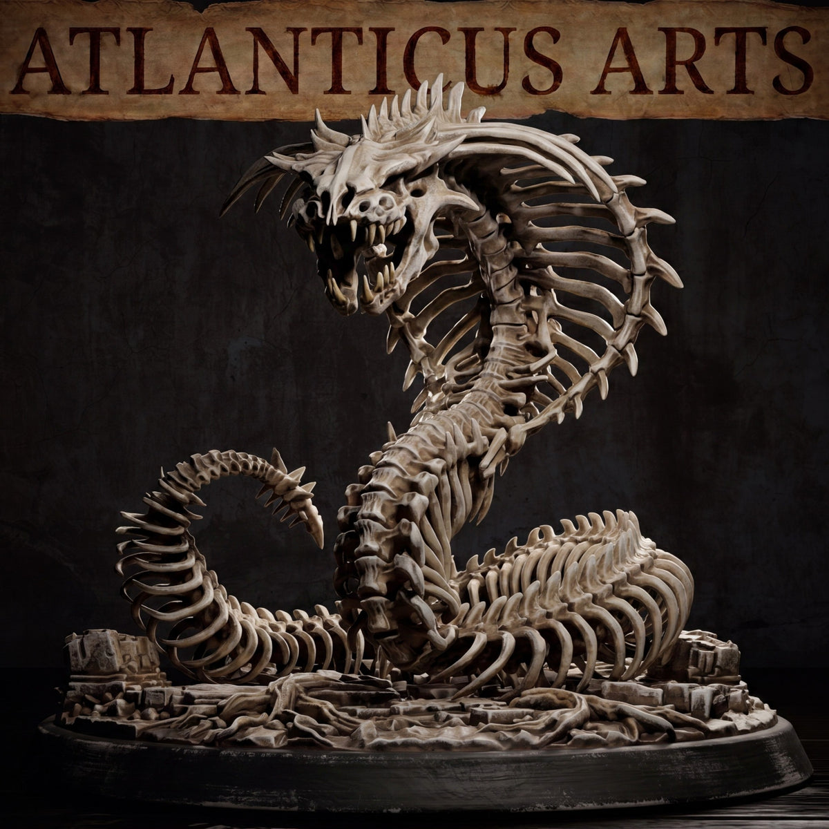 Square render of the skeletal Bone Naga miniature on a 50mm scenic base by Atlanticus Arts.